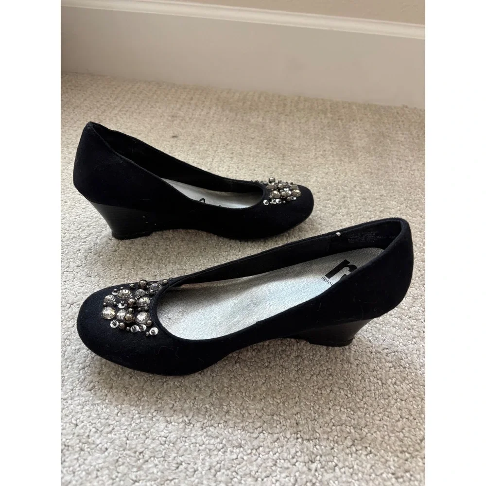 Report Wedge Heels Womens 8 Black Rhinestone‎ Embellished Low Pump Evening Glam